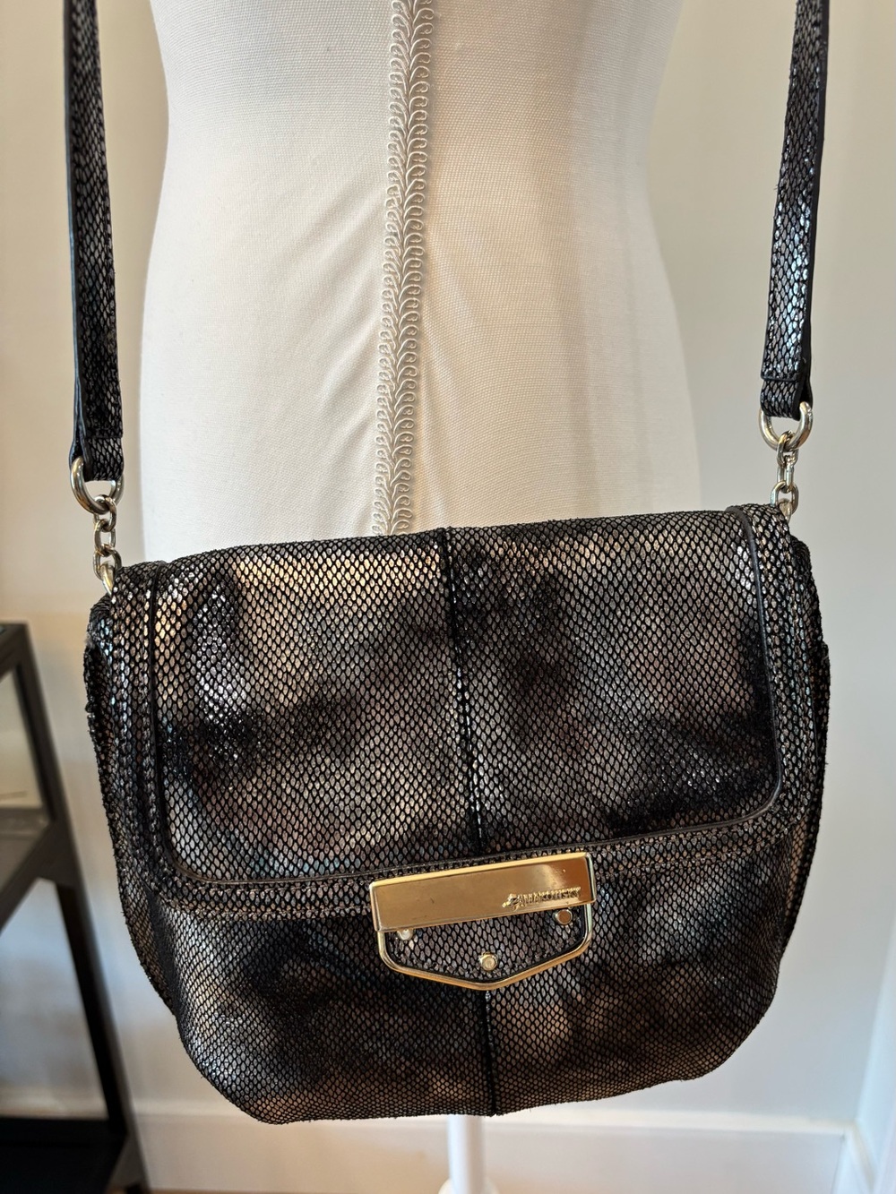 b. makowsky Metallic Leather, Embossed Snakeskin, Adjustable Strap Shoulder Bag